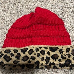Red Knit Beanie with Leopard Print Trim